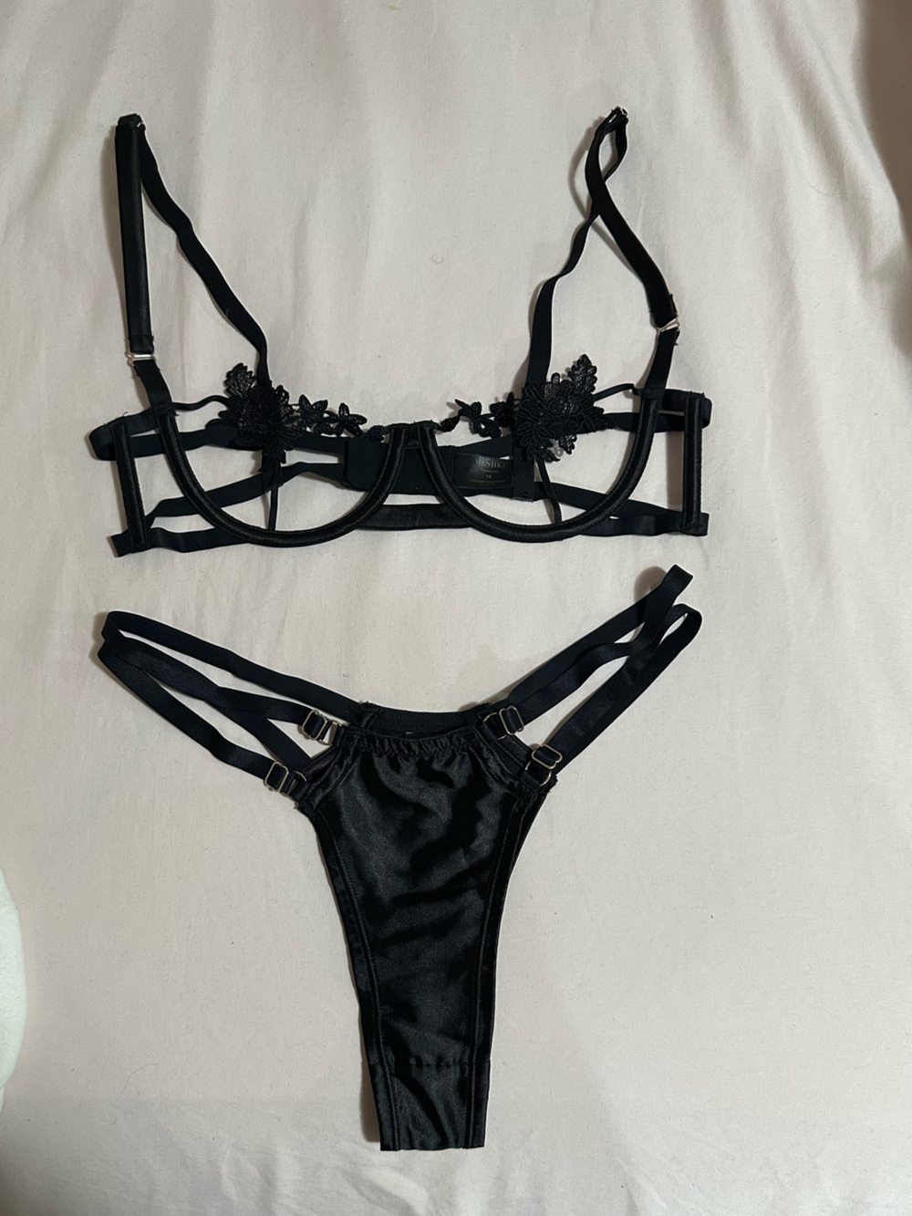 Meshki Black Strappy Lace Bra & Thong Set